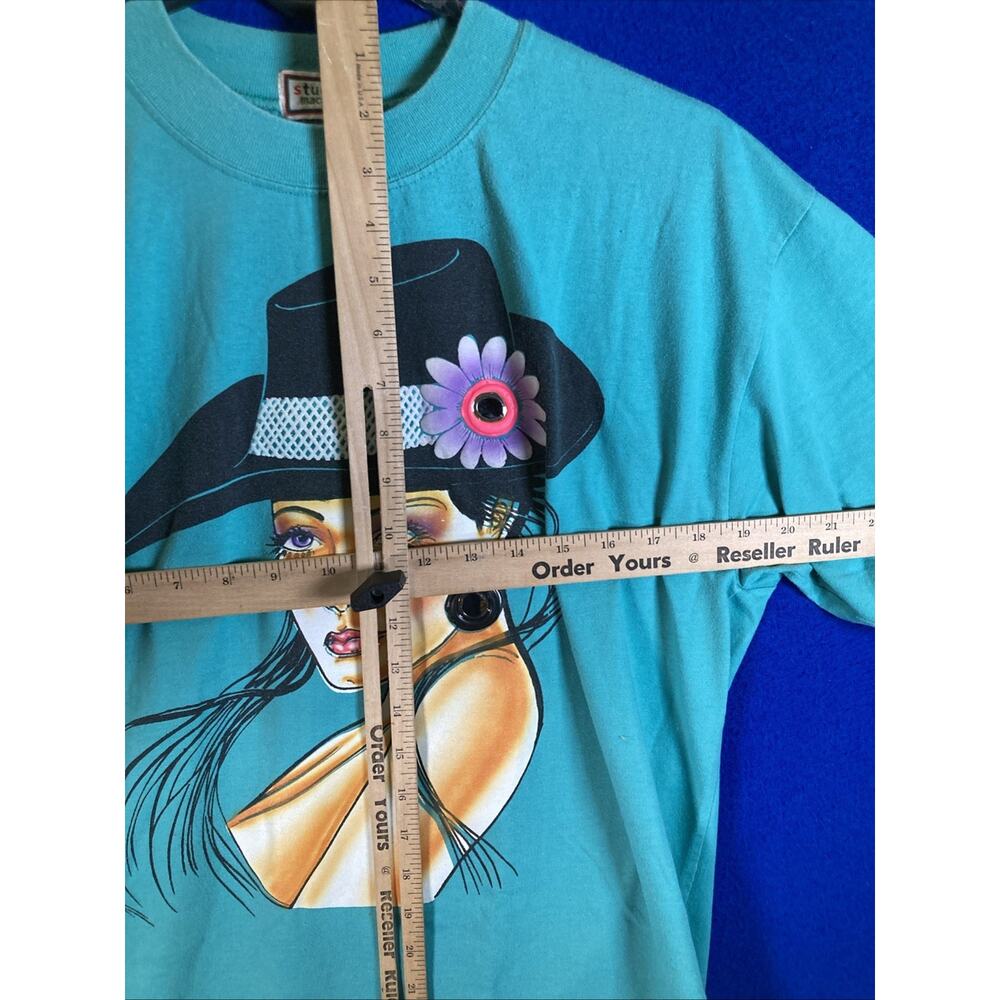 Vtg 90s Student Machine Graphic Tee Art Deco Lady Floral Hat Teal 100% cotton - Picture 5 of 11